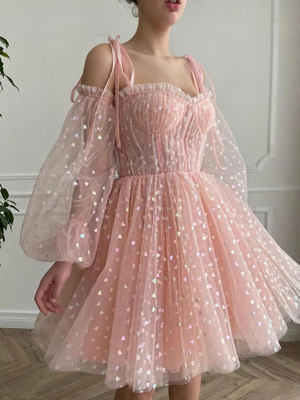 Vestidos cortos/mini de corte A/princesa con volantes y tirantes finos y mangas largas